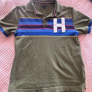 Olive Green Polo Shirt Kids with Blue and Yellow Stripes